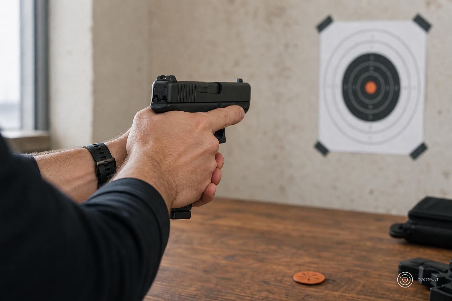 Pistol drawn in low light pointed at a printable silhouette target on a wall
