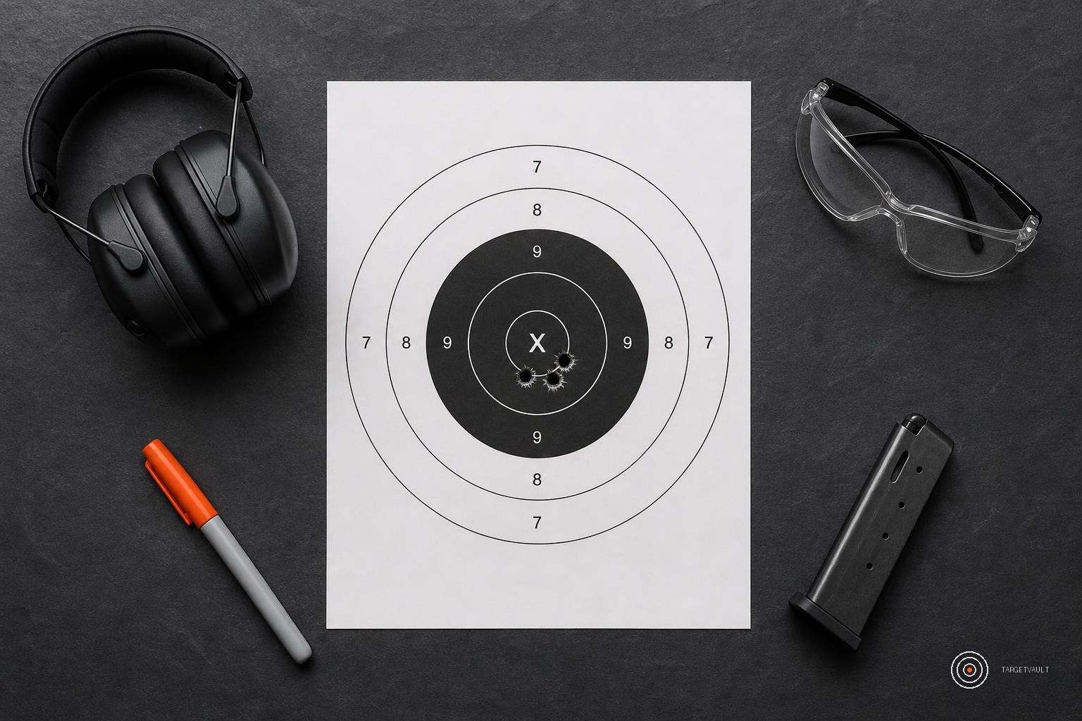 Pistol resting on bullseye paper targets with spent brass on a wooden bench