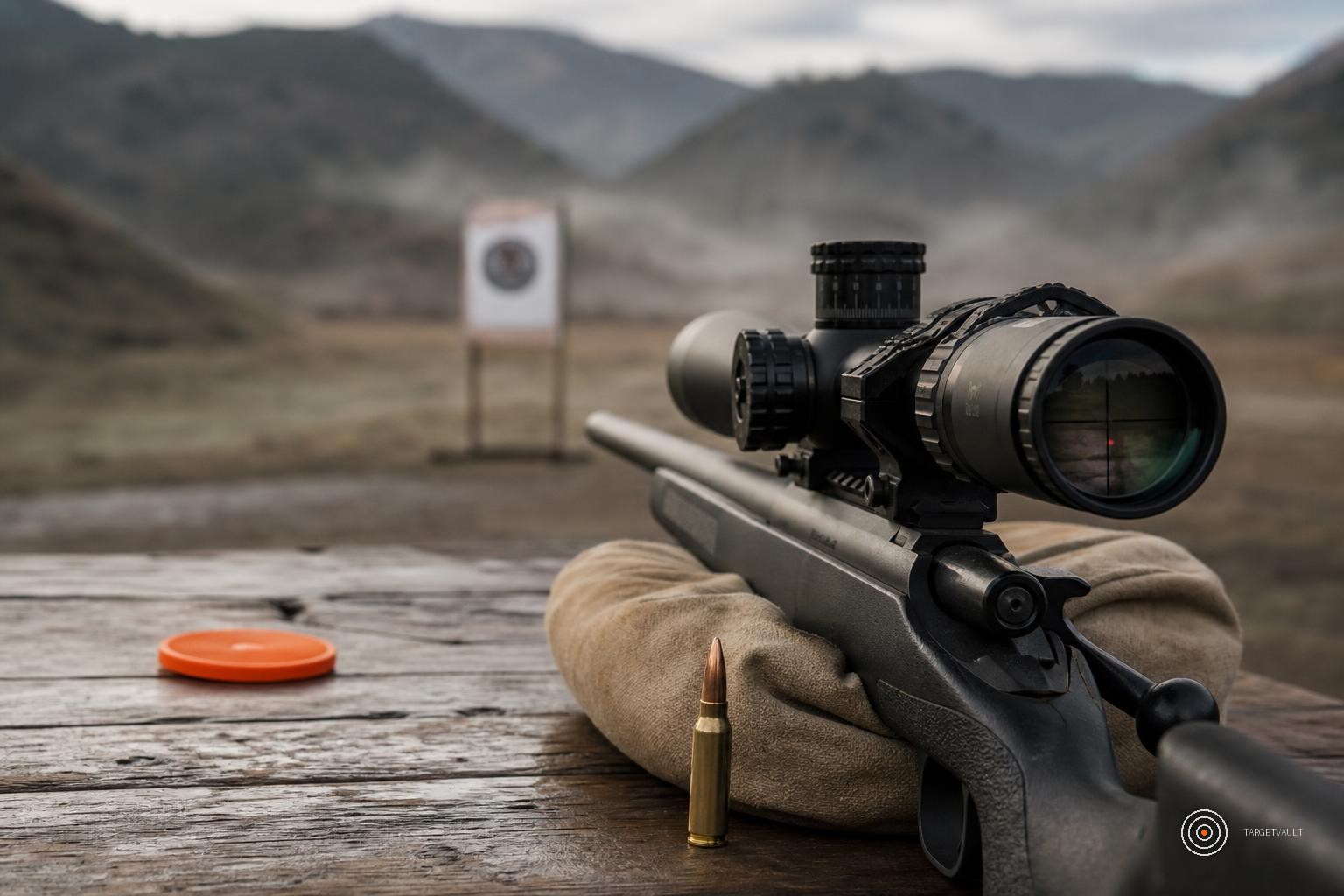 Rifle scope resting next to a printed sight-in target with crosshair grid